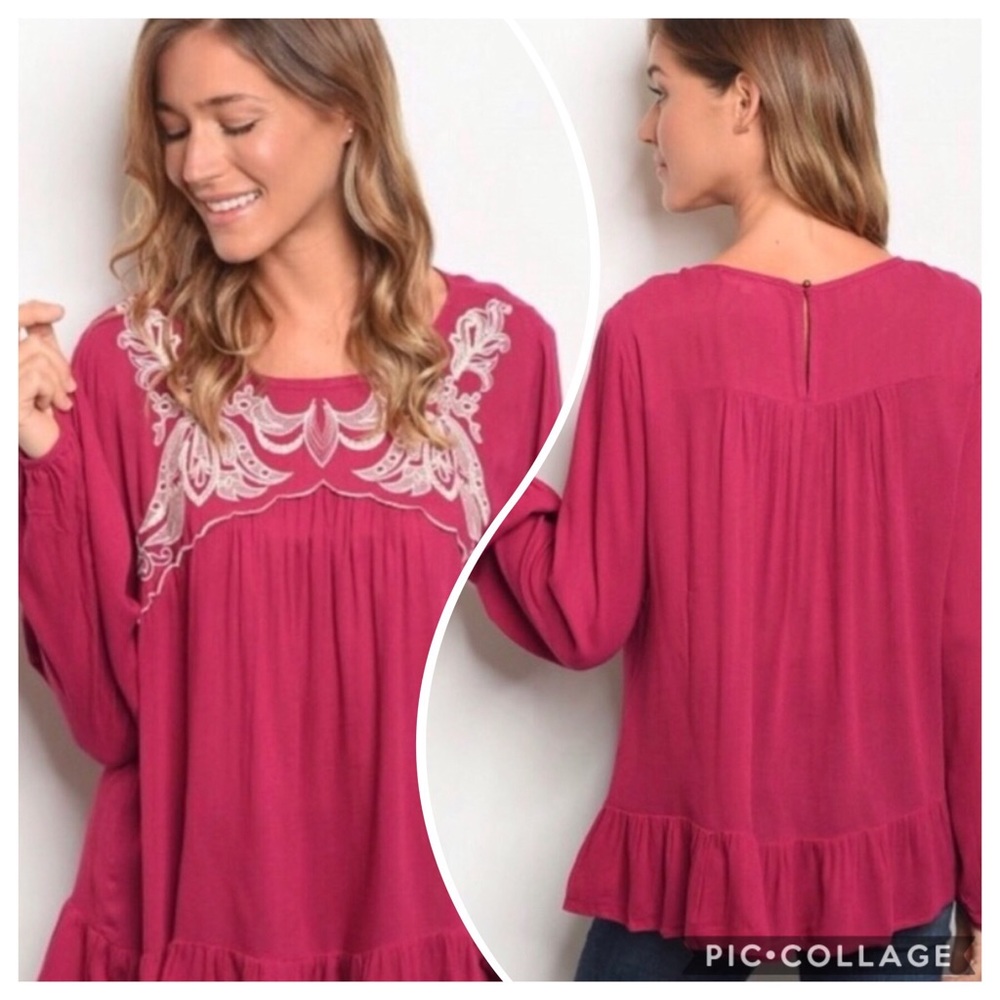 Someday Blush Embroidered Ruffle Hem Long-Sleeve Top - Wine - Picture 5 of 9